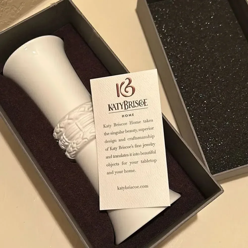 New in box Katy Briscoe Home Bone China White Bisque Small Vase 7.5” Giftable